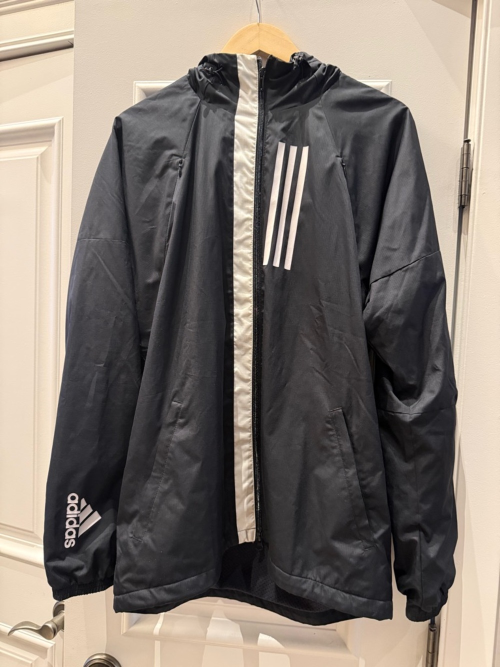 Mens adidas Black lined Windbreaker Jacket with White Trim and Stripes